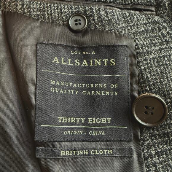 AllSaints Mallieus Men’s Wool Plaid Yuto Pea Coat Charcoal Gray Size Medium 38 - Picture 12 of 16